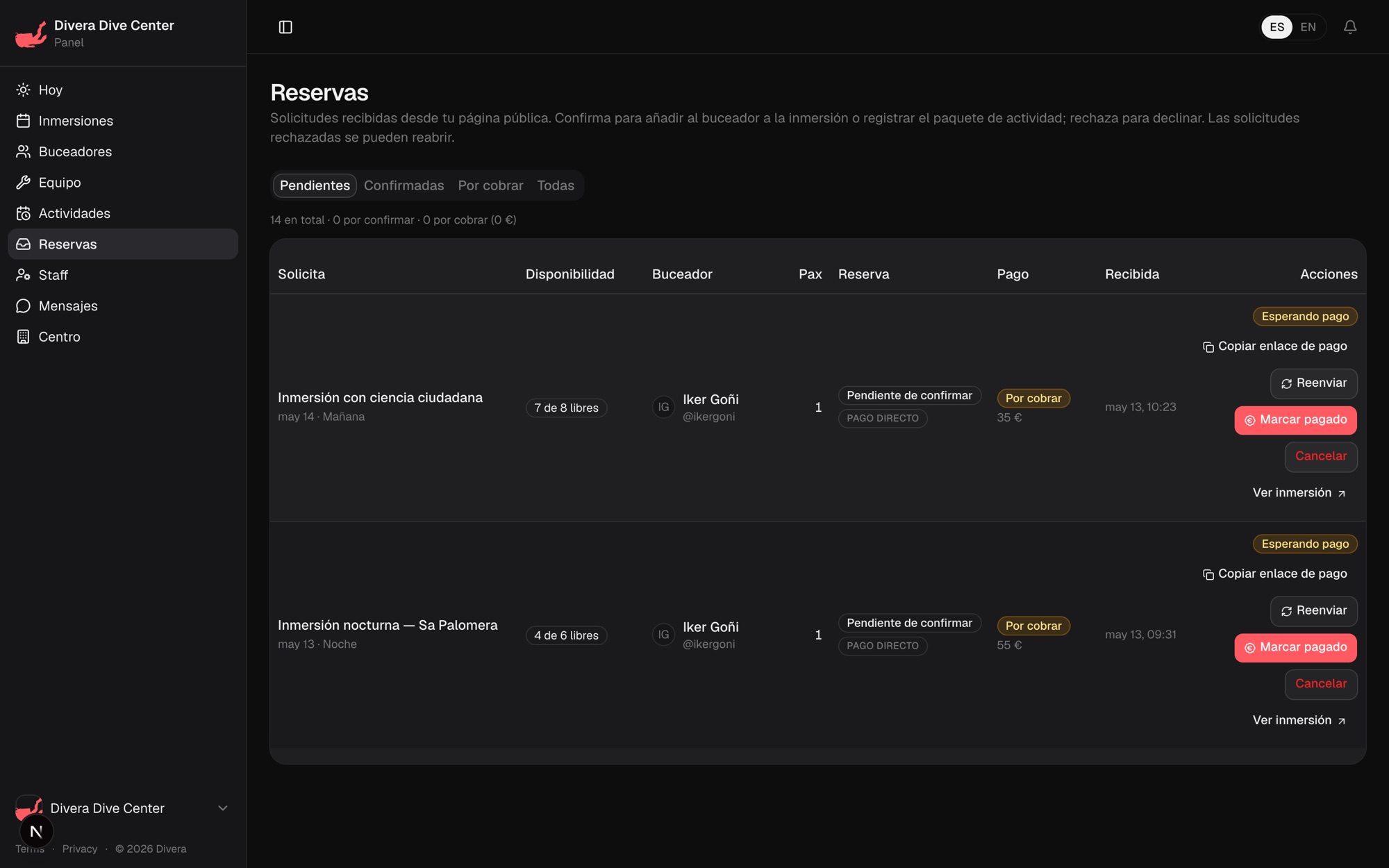 Pantalla de reservas del panel de Divera con solicitudes pendientes y estado de pago