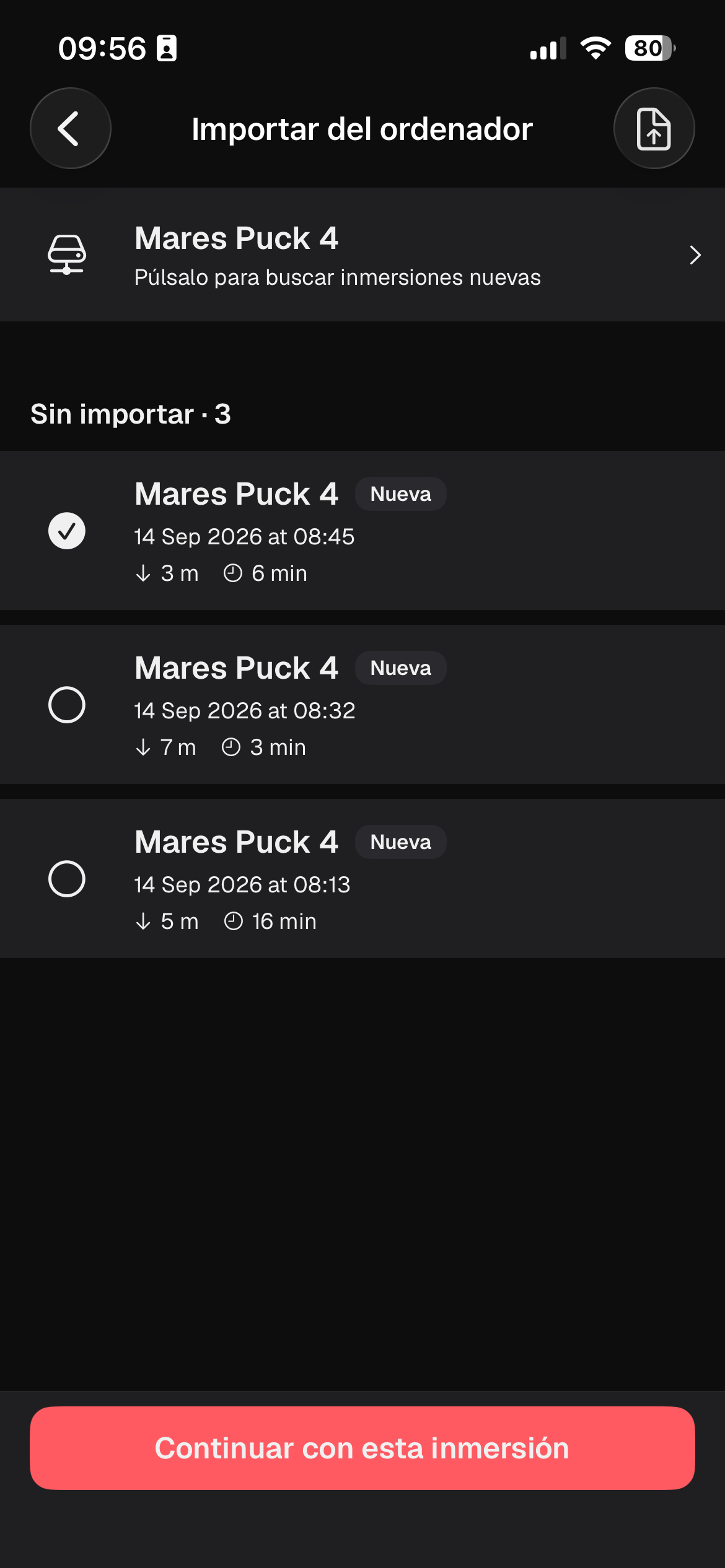 Lista de inmersiones sin importar de un Mares Puck 4 con fecha, profundidad y duración