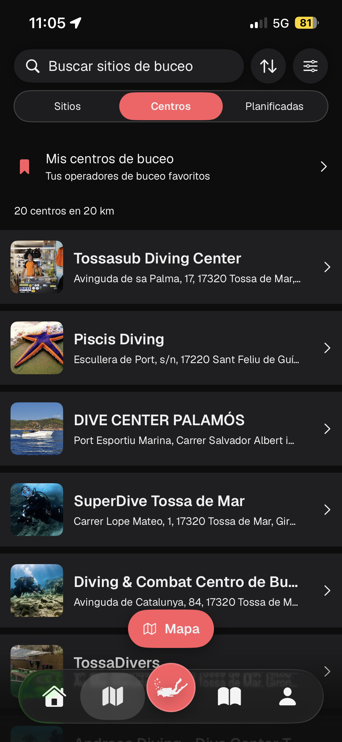 Listado de centros de buceo cercanos