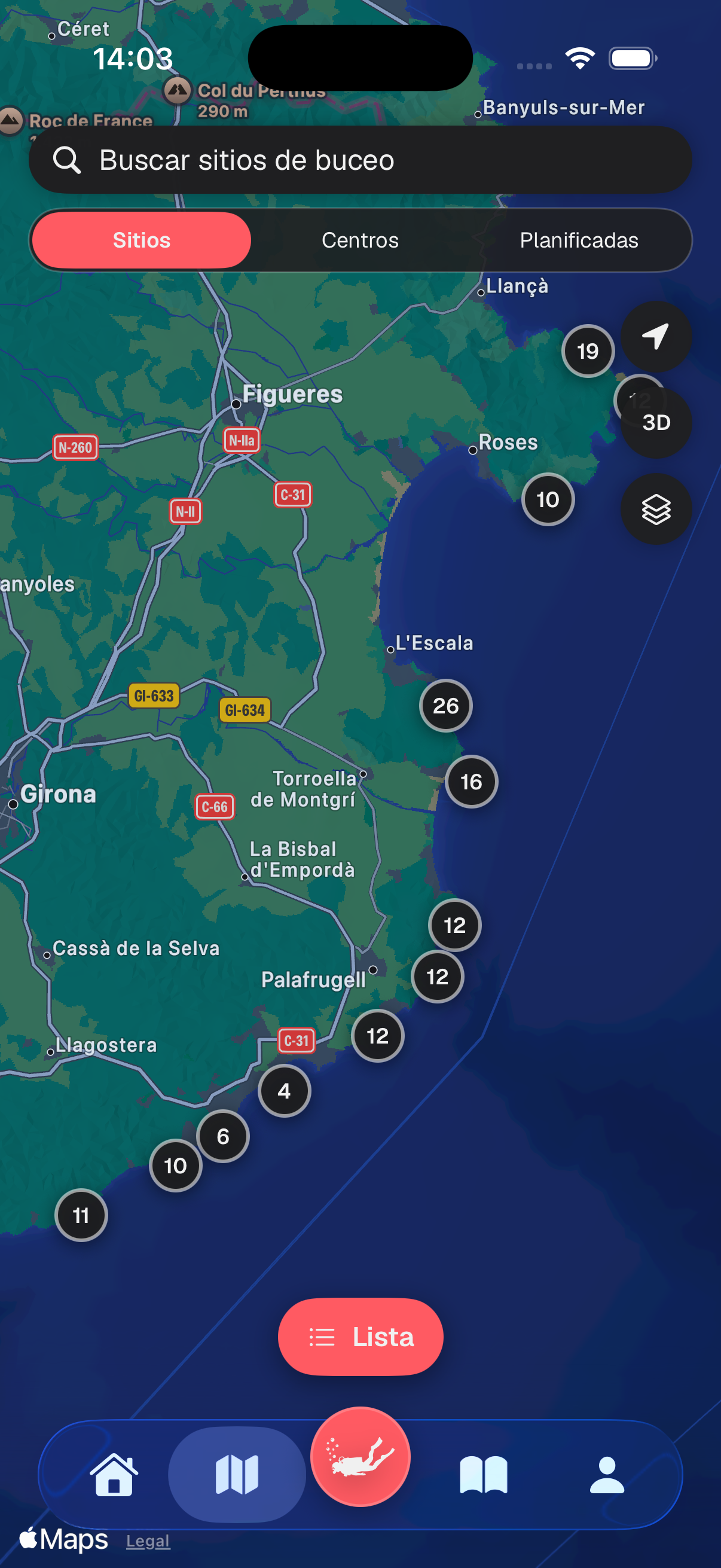 Mapa de sitios de buceo