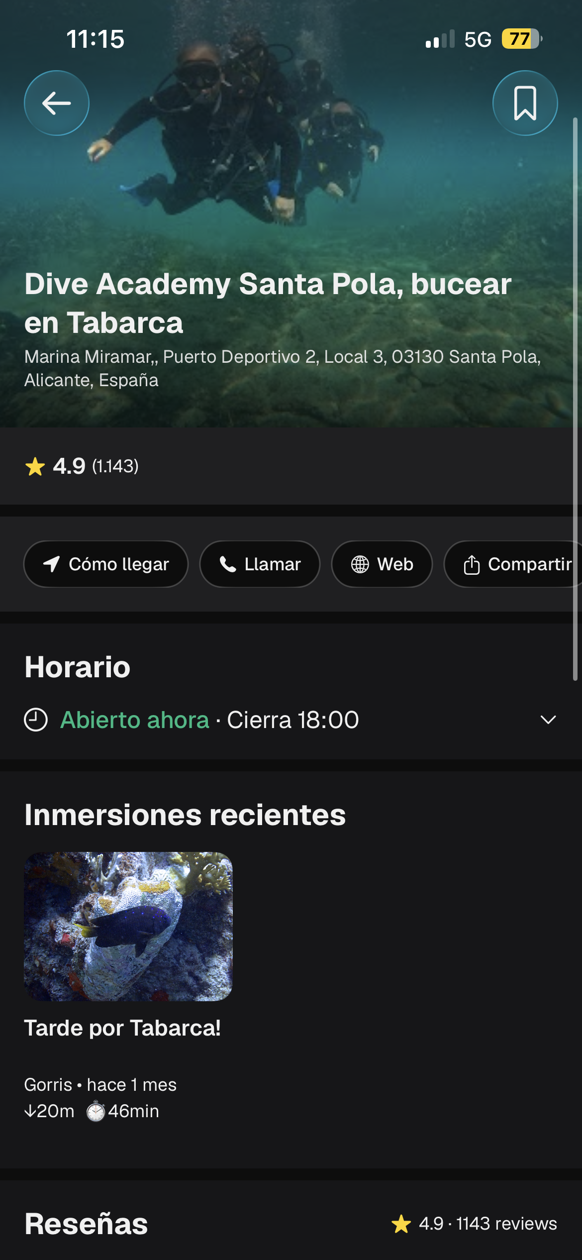 Detalle de centro de buceo con horario, valoración y contacto