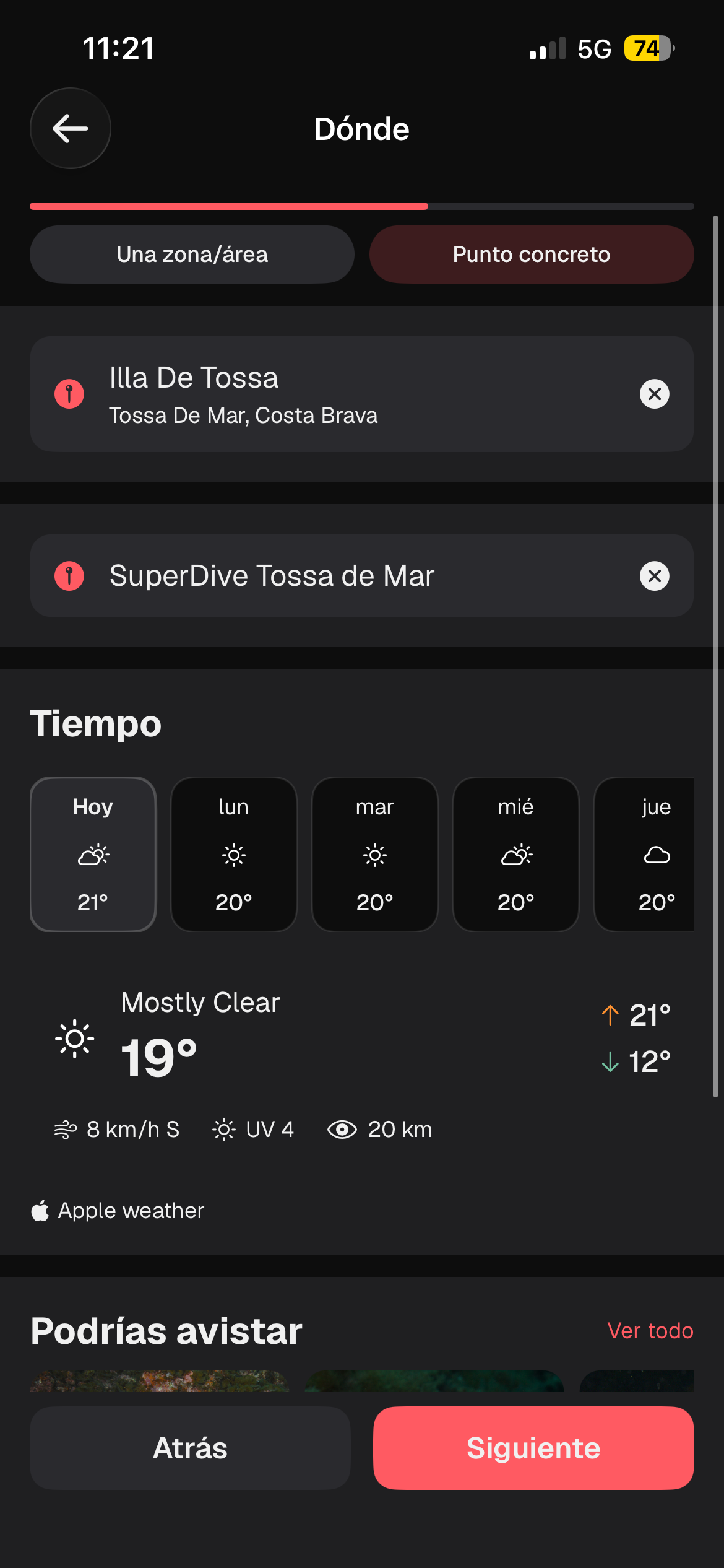 Selecciona sitio con tiempo y especies probables